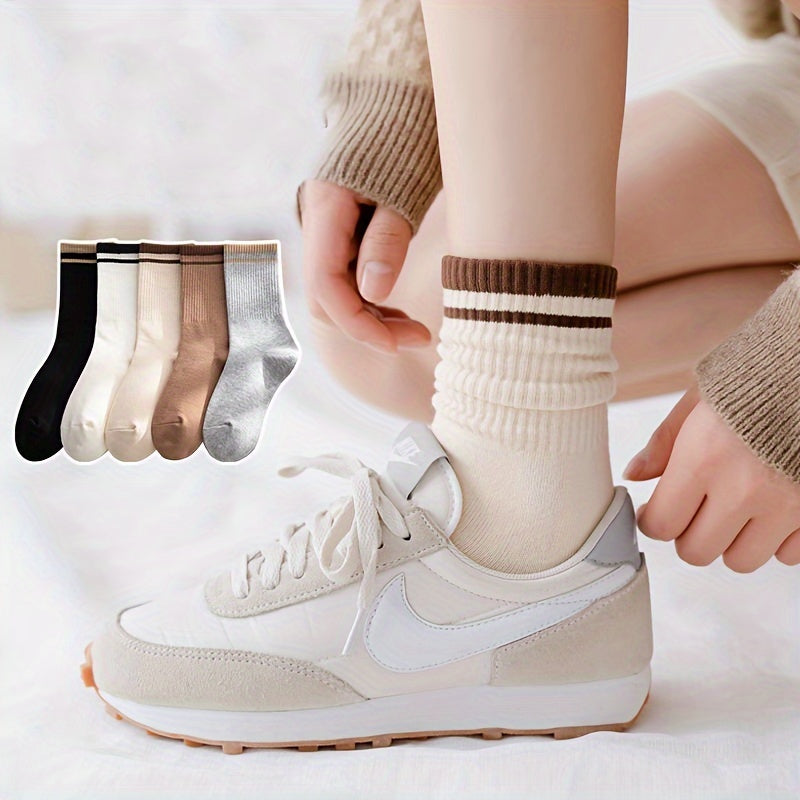 5 Pairs Striped Crew Socks Comfy Mid Tube Women's Stockings & Hosiery