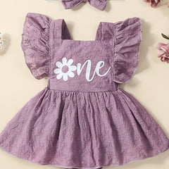Baby Girls Flutter Sleeve Pleated Dress Summer Flower Letter Graphic Dress
