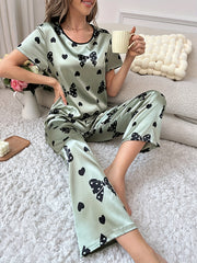 Bow Print Pajama Set Short Sleeve Crew Neck Top & Elastic Waistband Pants
