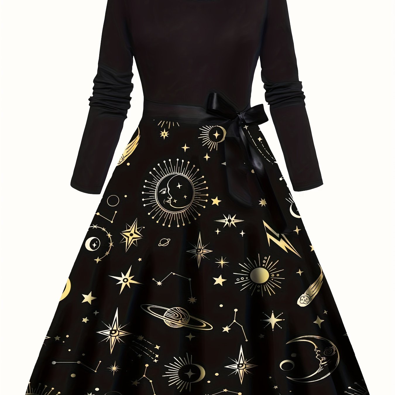 Sun & Moon Print Knot Front Long Sleeve A line Dress