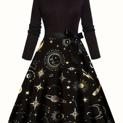 Sun & Moon Print Knot Front Long Sleeve A line Dress