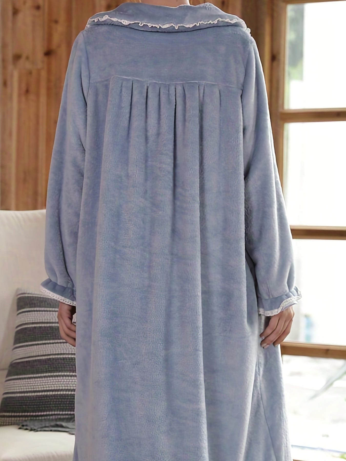 Ruffle Plush Nightdress Court Style Long Sleeve Pompom Decor Pajama Dress