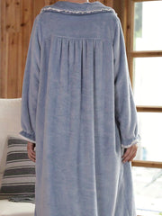 Ruffle Plush Nightdress Court Style Long Sleeve Pompom Decor Pajama Dress