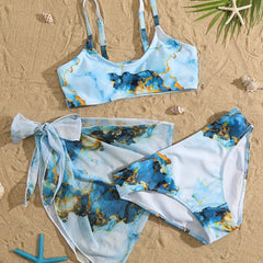 Girls' Bikini Swimsuit Marble Print Top, Bottoms & Skirt Set