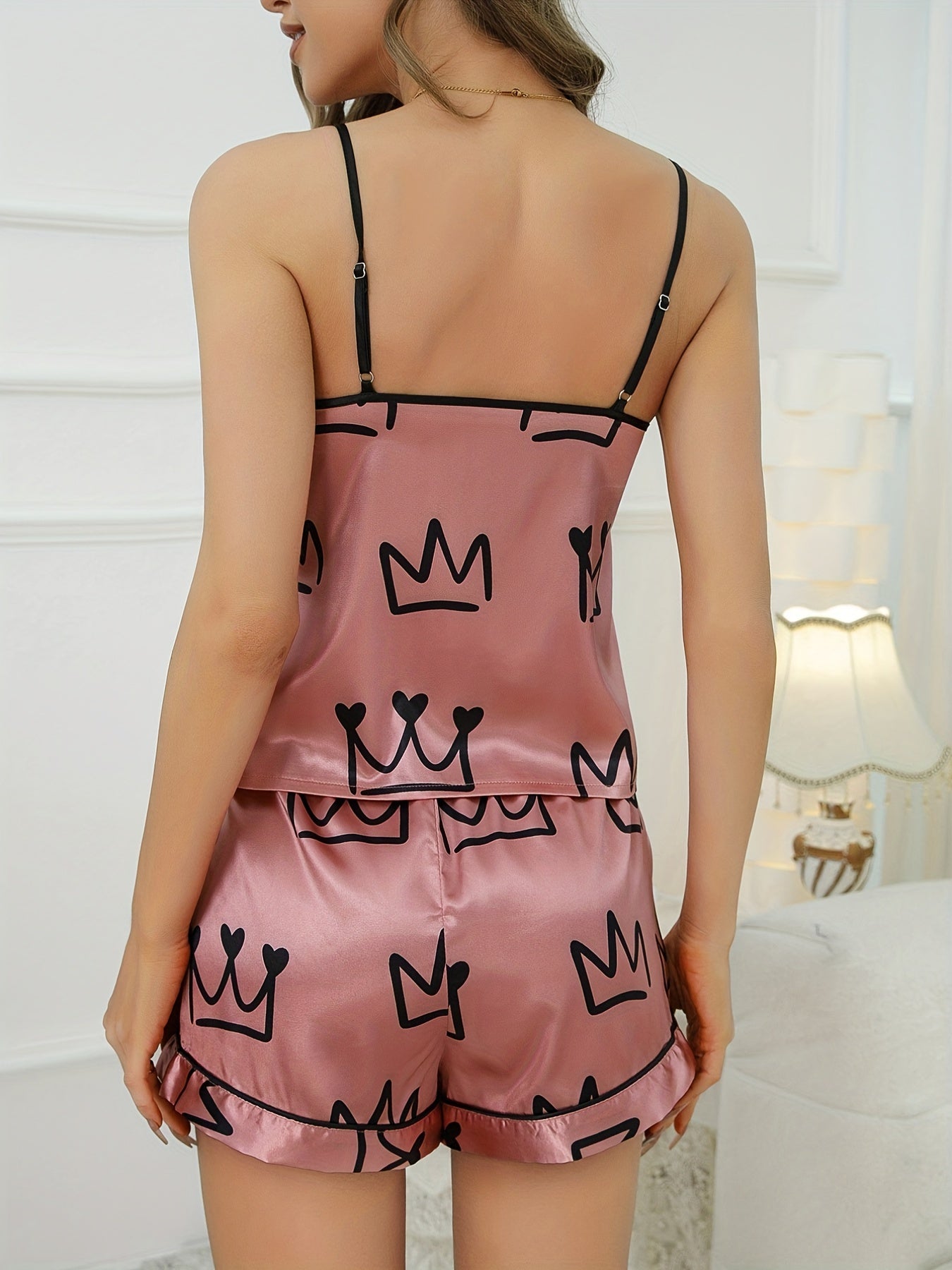 Crown Print Pajama Set V Neck Cami Top & Shorts