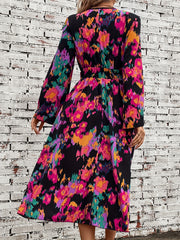 Abstract Print Shirred Dress V Neck Midi Dress Women's Clothing