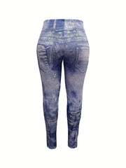Denim Print Elastic High Rise Crop Leggings