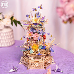 MU Metal Puzzle Model DIY Music Box Rotating Table with Drunken Flowers