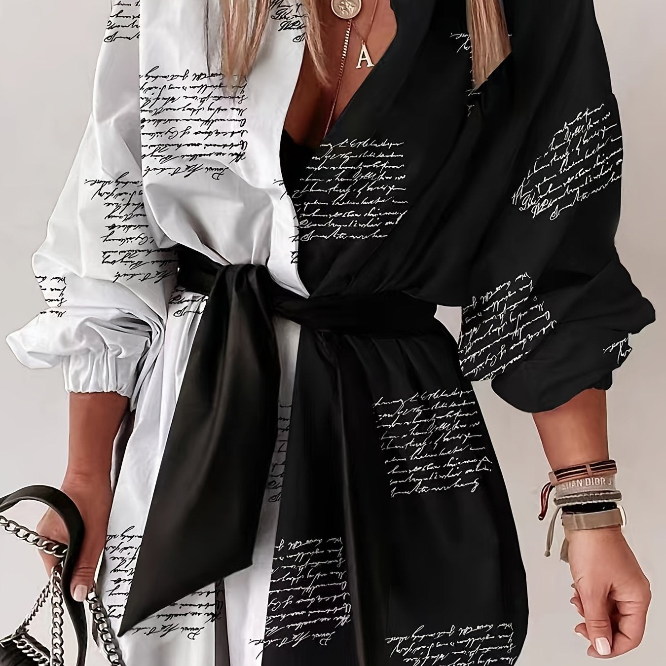 Women's Art Letter Print Shirt Dress With Belt
