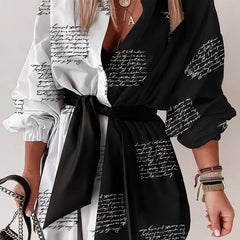 Women's Art Letter Print Shirt Dress With Belt