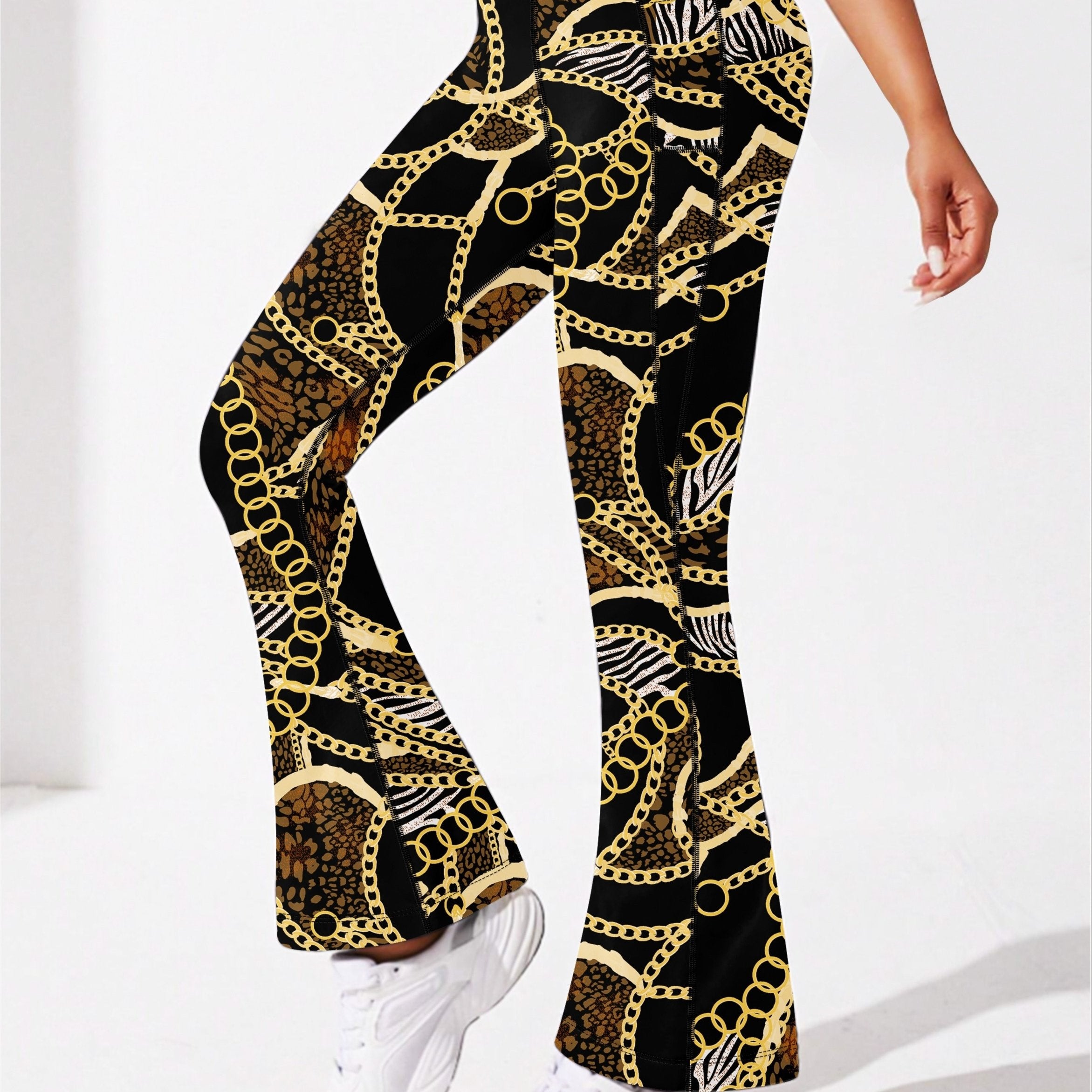 Chain Print Yoga Flare Leg Pants High Stretch Fitness Running Bootcut