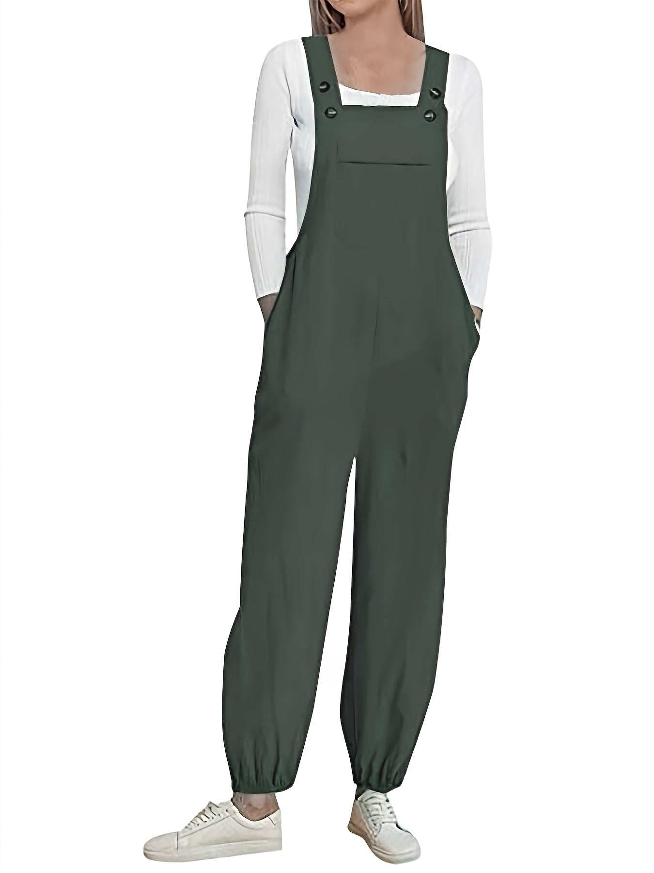 Button Solid Patched Pocket Overall Jumpsuit Women's Clothing