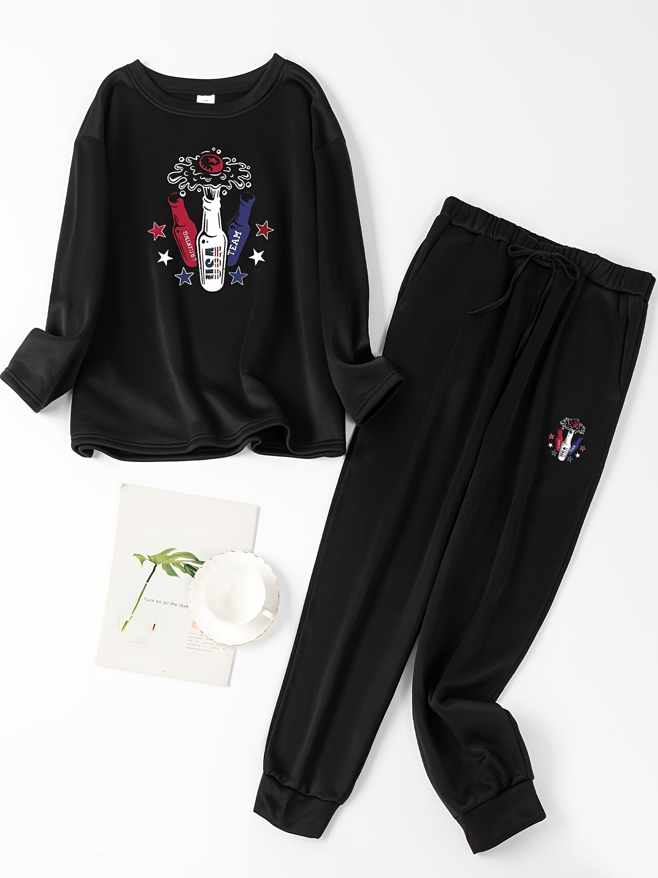 Women's Plus Star & Beer Print Fleece Top & Joggers Pajamas Set