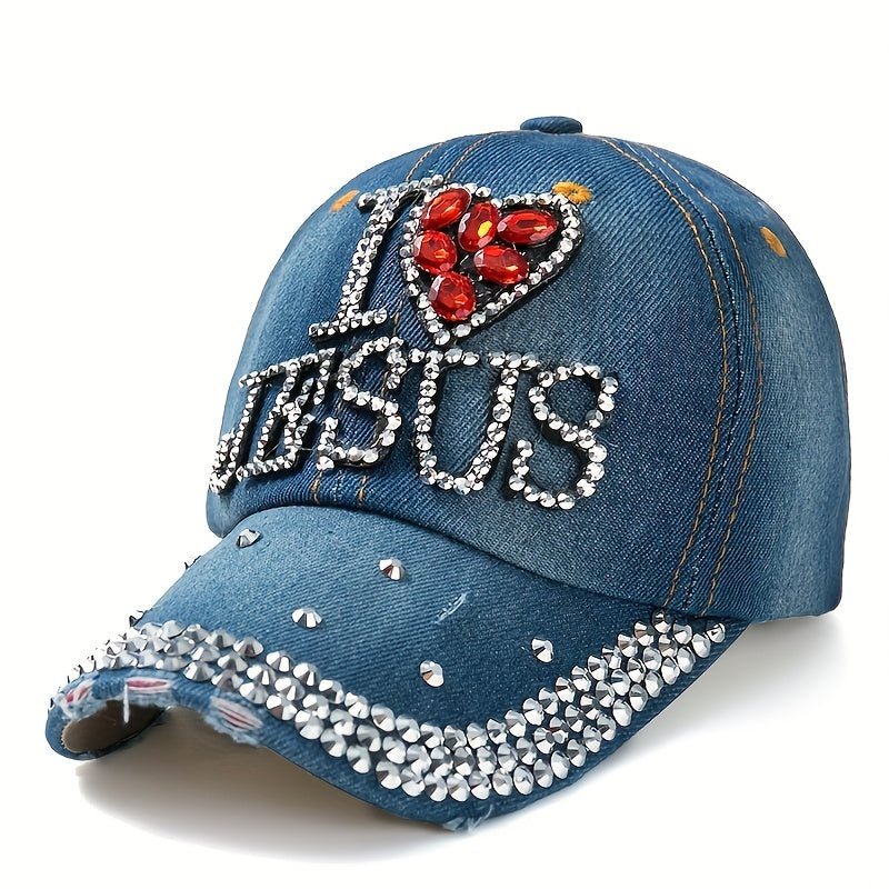 Rhinestone Baseball Cap Distressed Denim Sports Hat Lightweight Dad Hat