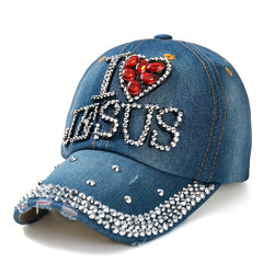 Rhinestone Baseball Cap Distressed Denim Sports Hat Lightweight Dad Hat