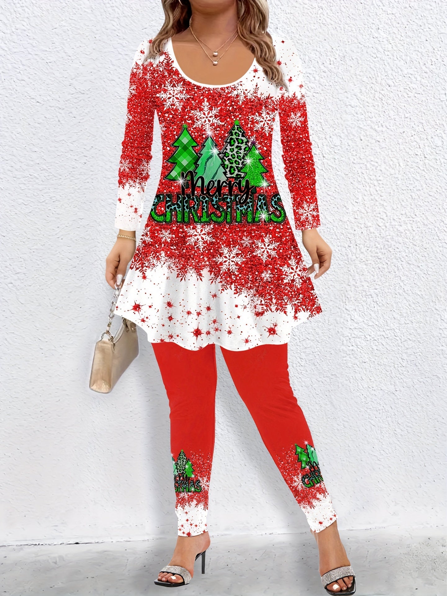Christmas 2 Piece Set Women's Slogan & Tree Print Top & Leggings