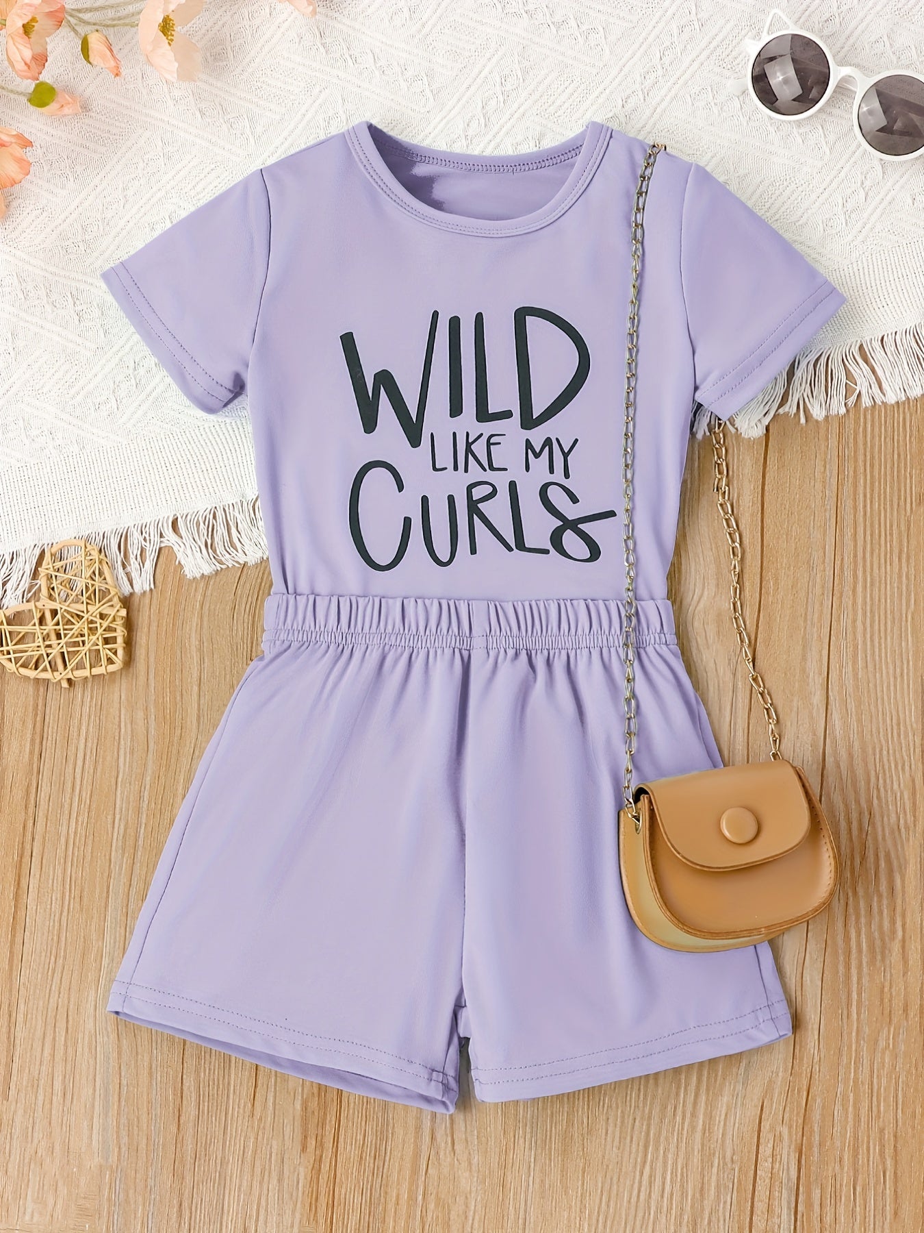 2pcs Girls Casual WILD LIKE MY CURLS Short Sleeve T shirt&Shorts Set