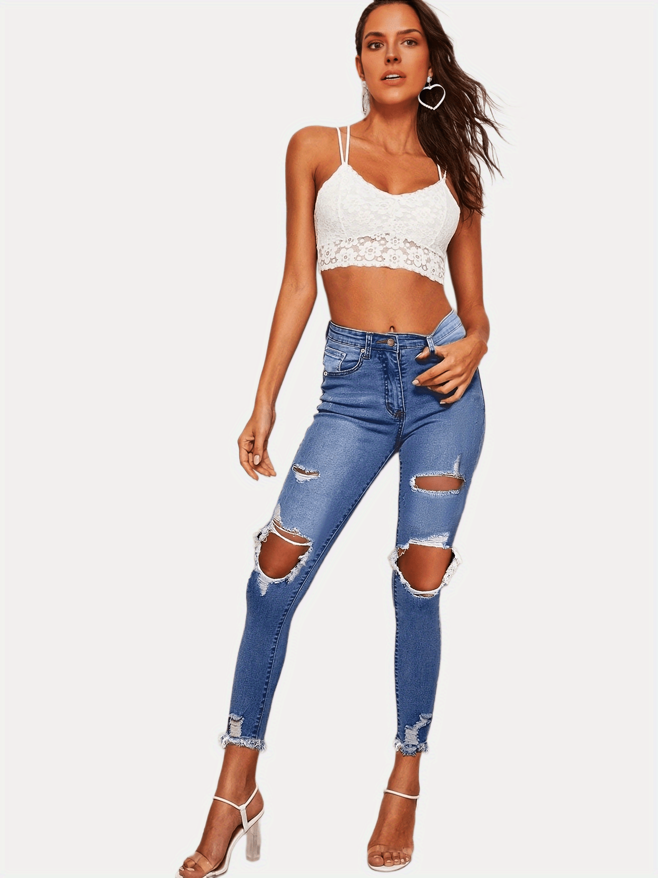 High Waist Distressed Skinny Jeans Casual Denim Pants