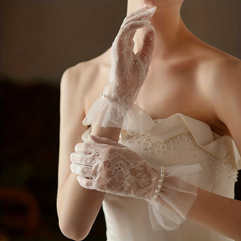 Lace Floral Short Gloves with Faux Pearl Inlay for Women