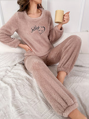 Letter Pattern Fuzzy Pajama Set Long Sleeve Crew Neck Top & Elastic Waistband