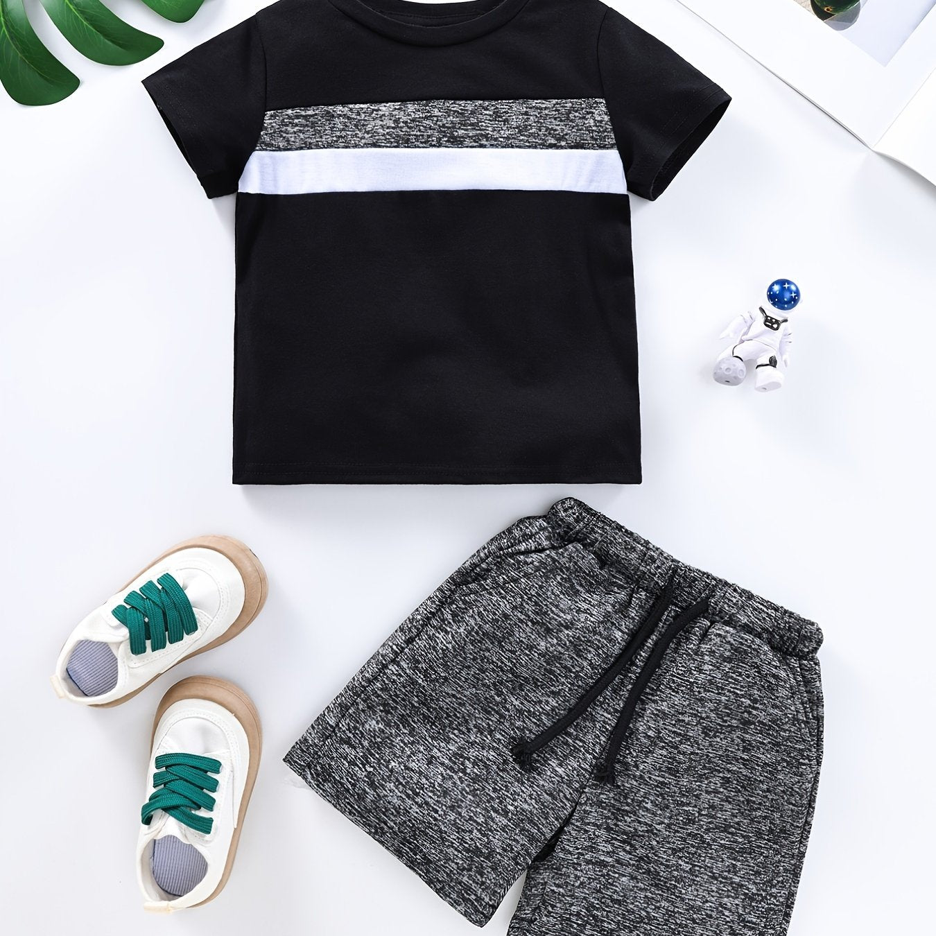 Boy's Block T Shirt & Drawstring Shorts Set for Summer