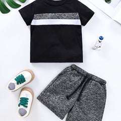 Boy's Block T Shirt & Drawstring Shorts Set for Summer