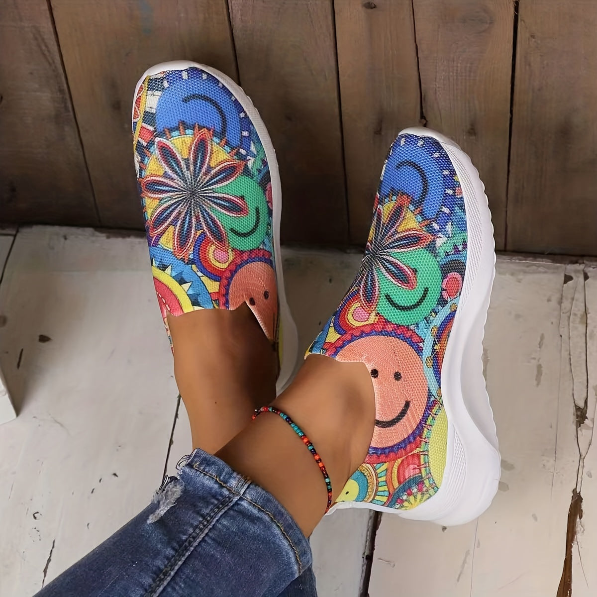 Women's Smile Print Sock Shoes Colorful Slip On Low Top Casual Shoes