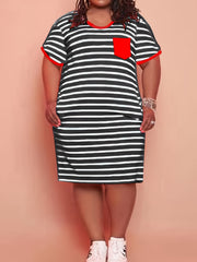Strip Print Midi Dress With Pockets Plus Size