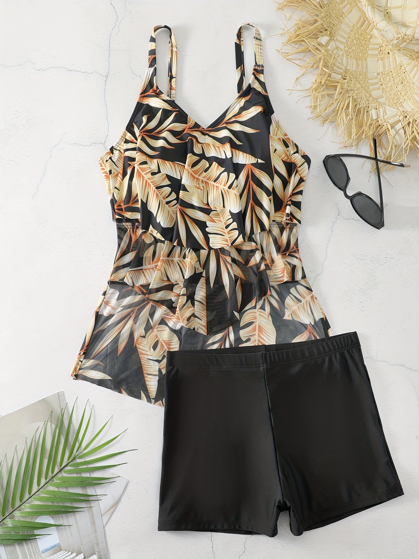 Tropical Print V Neck Ruffle Tankini Set