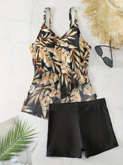 Tropical Print V Neck Ruffle Tankini Set