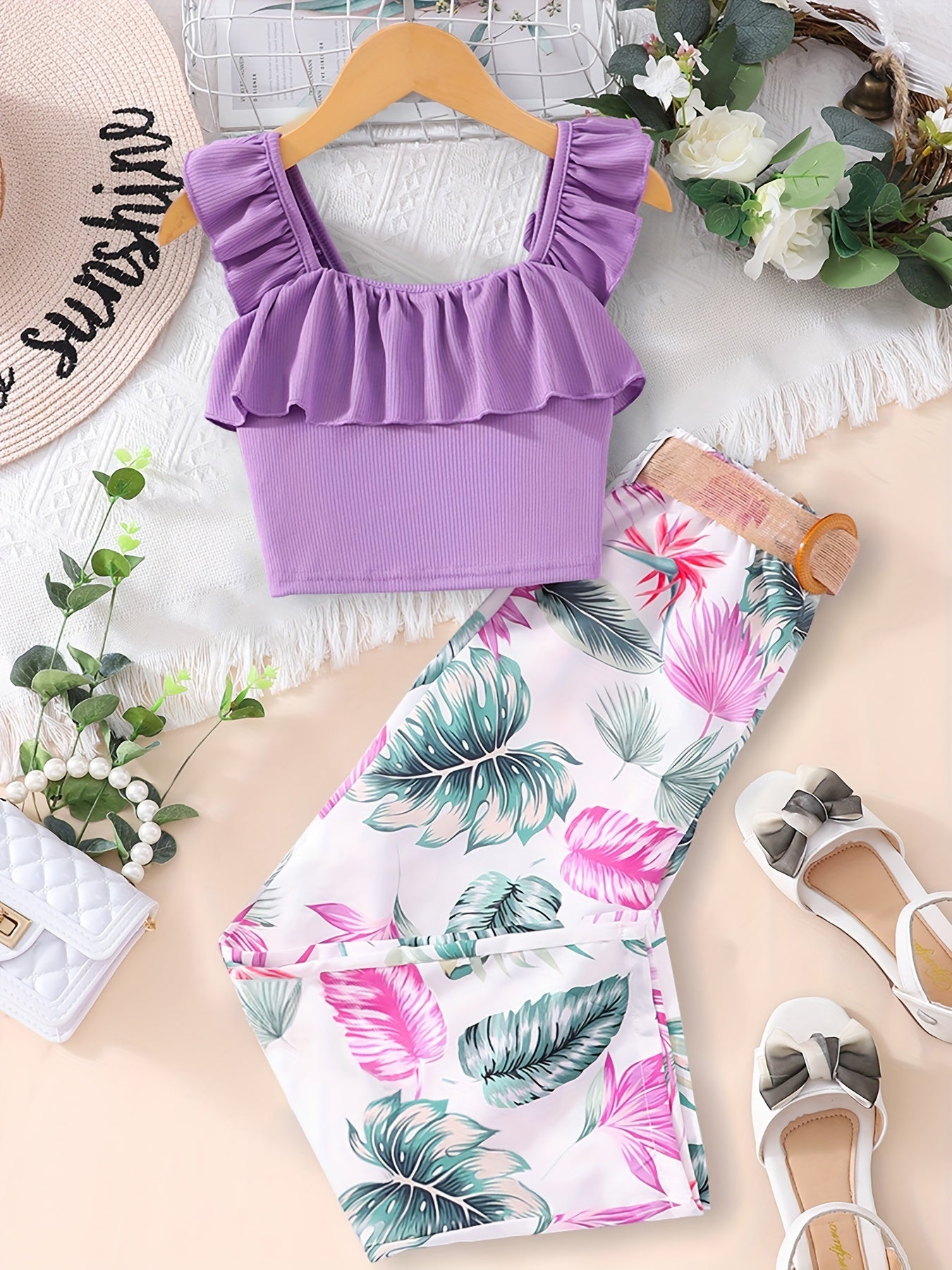 Girls 2pcs Outfits Ribbed Ruffle Tank Top & Plant Print Pants Set