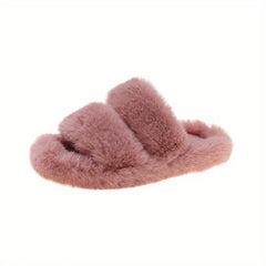 Fluffy Two Bands Slippers Solid Open Toe Slip On Plush Shoes Cozy & Warm
