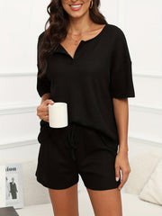 Casual Two Piece Set Short Sleeve Drop Shoulder Tops & Drawstring Shorts