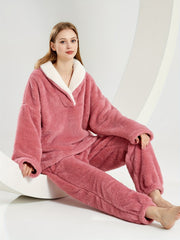 Fuzzy Pajama Set V Neck Top & Pants Women's Sleepwear