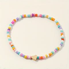 Colorful Beaded Anklet Set With Heart Shape Beads 3pcs