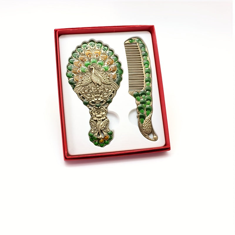 Vintage Peacock Vanity Makeup Mirror and Comb Set