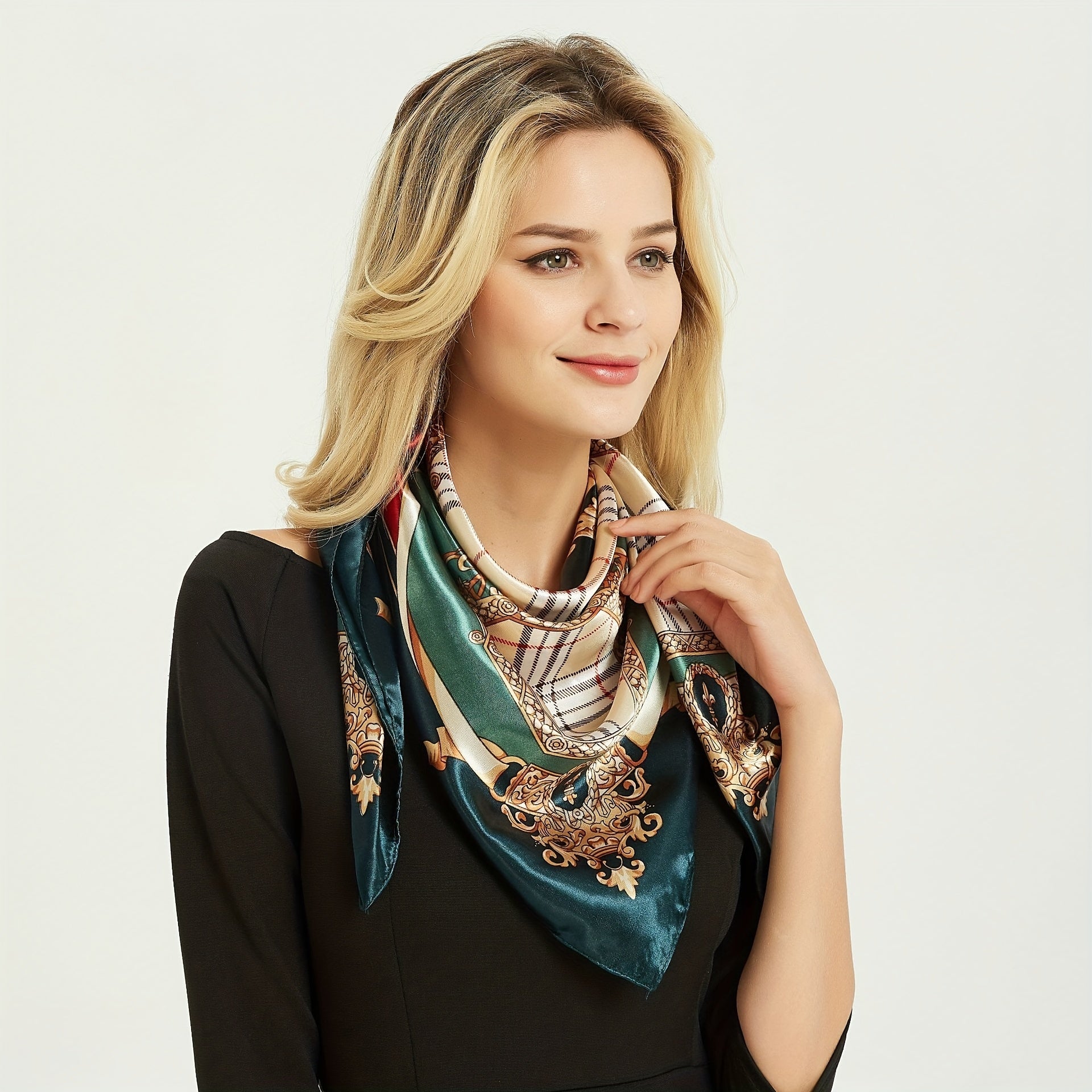 Plaid Army Green Silk Square Scarf Large Shawl Women Headwrap Hair Accessory