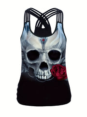 Skull Print Cross Back Tank Top Crew Neck Sleeveless Top Women's Clothing