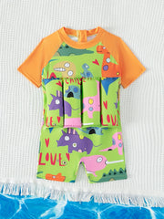 Baby Boys Cartoon Graphic Print Short Sleeve Swimsuit With Adjustable Buoyancy