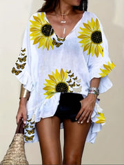 Plus Sunflower Print Ruffle Trim V Neck T shirt With Tassel Keyhole Tie