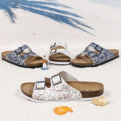 Women's Floral Print Cork Footbed Sandals Slides Double Buckle Flat Slippers
