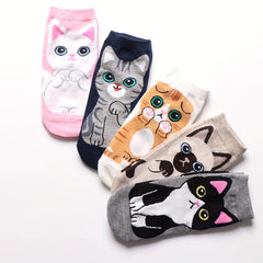 5 Pairs Girls Teen Cotton Blend Cat Ankle Socks, Spring Summer