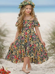 Girls Bohemian Floral Cold Shoulder Ruffle Summer Dress