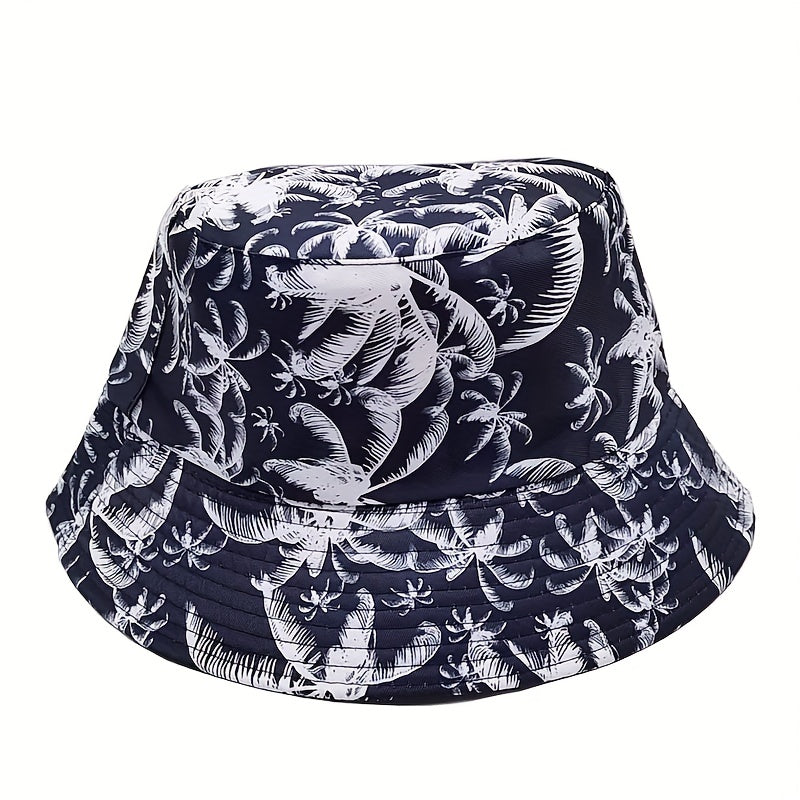 Coconut Tree Print Bucket Hat Solid Reversible Fisherman Cap