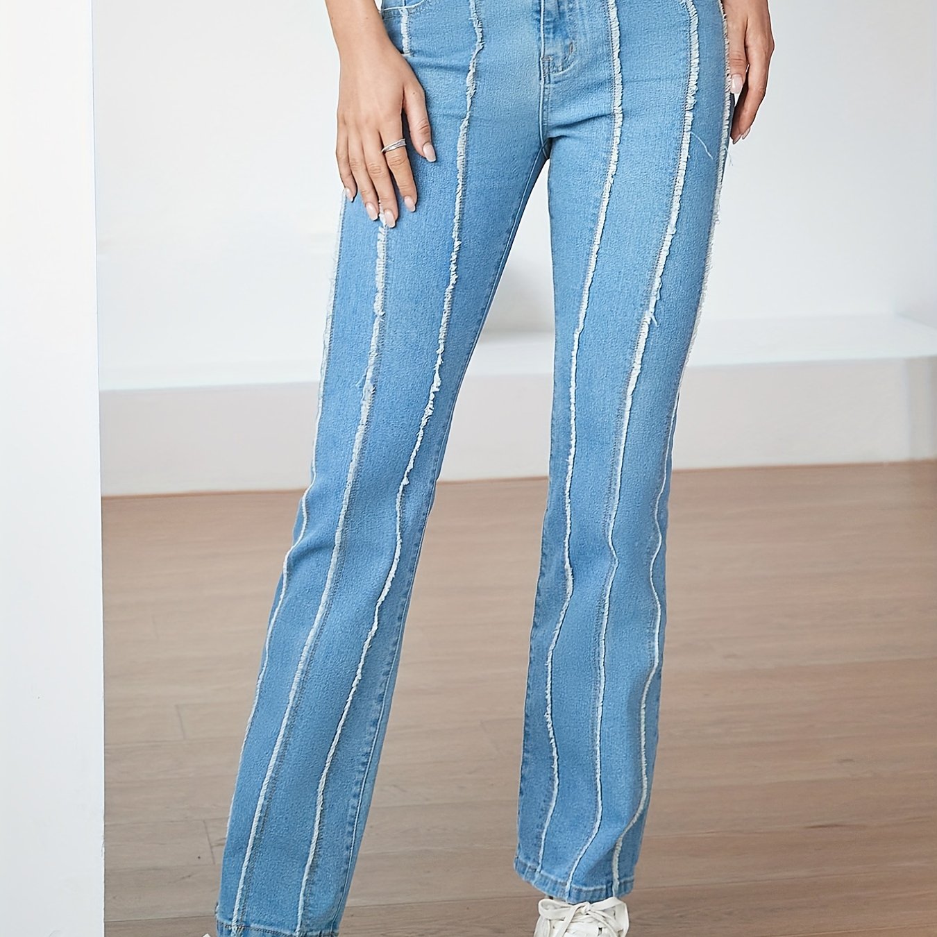 Stripes Pleat Bootcut Jeans High Rise Stretchy Bell Bottoms
