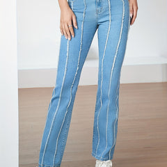 Stripes Pleat Bootcut Jeans High Rise Stretchy Bell Bottoms