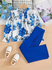 2pcs Girls' Boho Floral Blouse & Button Pants Set