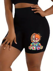 Casual Shorts Women's Plus Cartoon Figure Print High Rise Biker Shorts