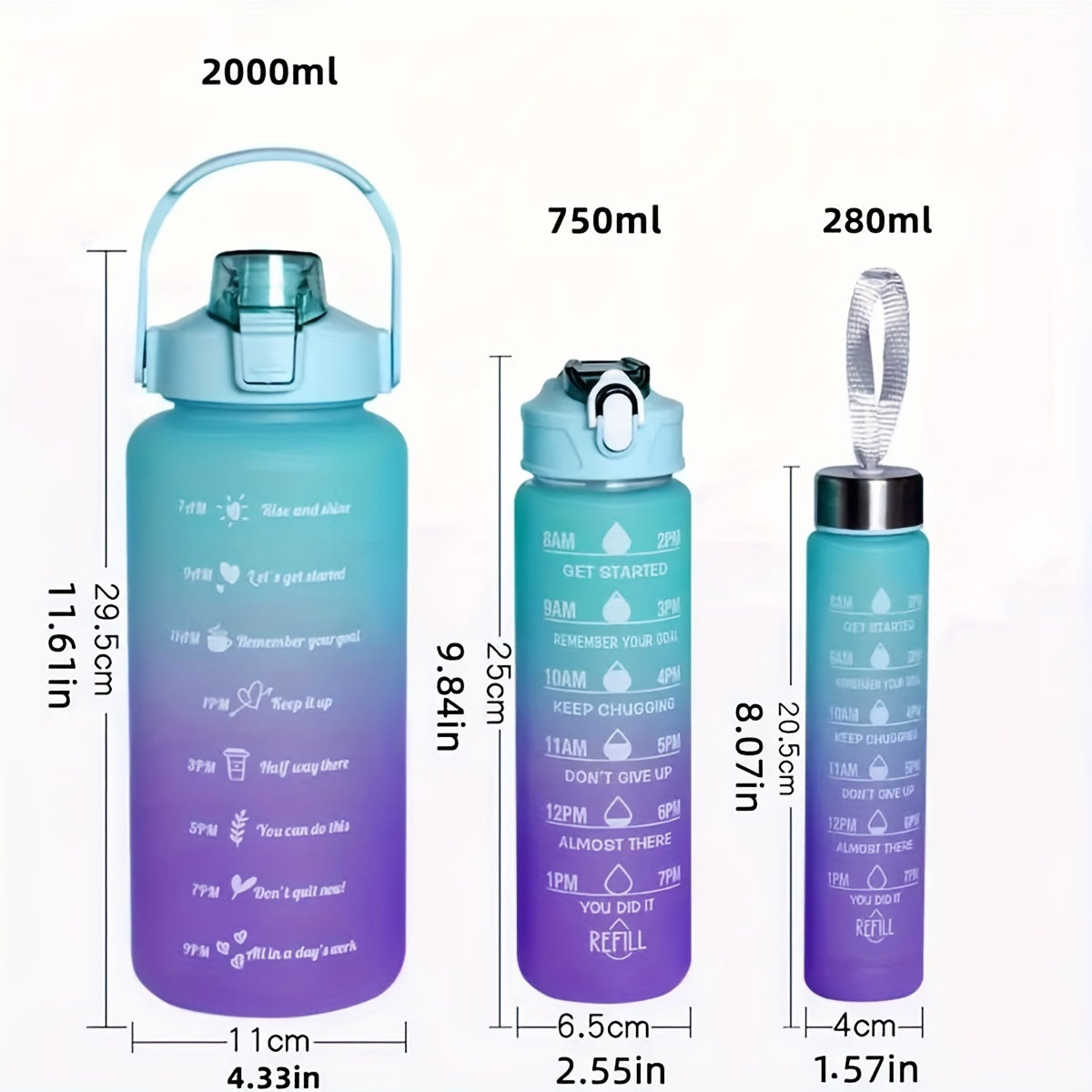 3pc High Temp Plastic Water Bottle Set 280 750 2000ml Gradient Portable Outdoor