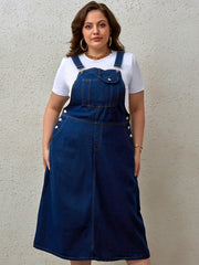 Women's Plus Size Denim Overall Dress with Adjustable Straps